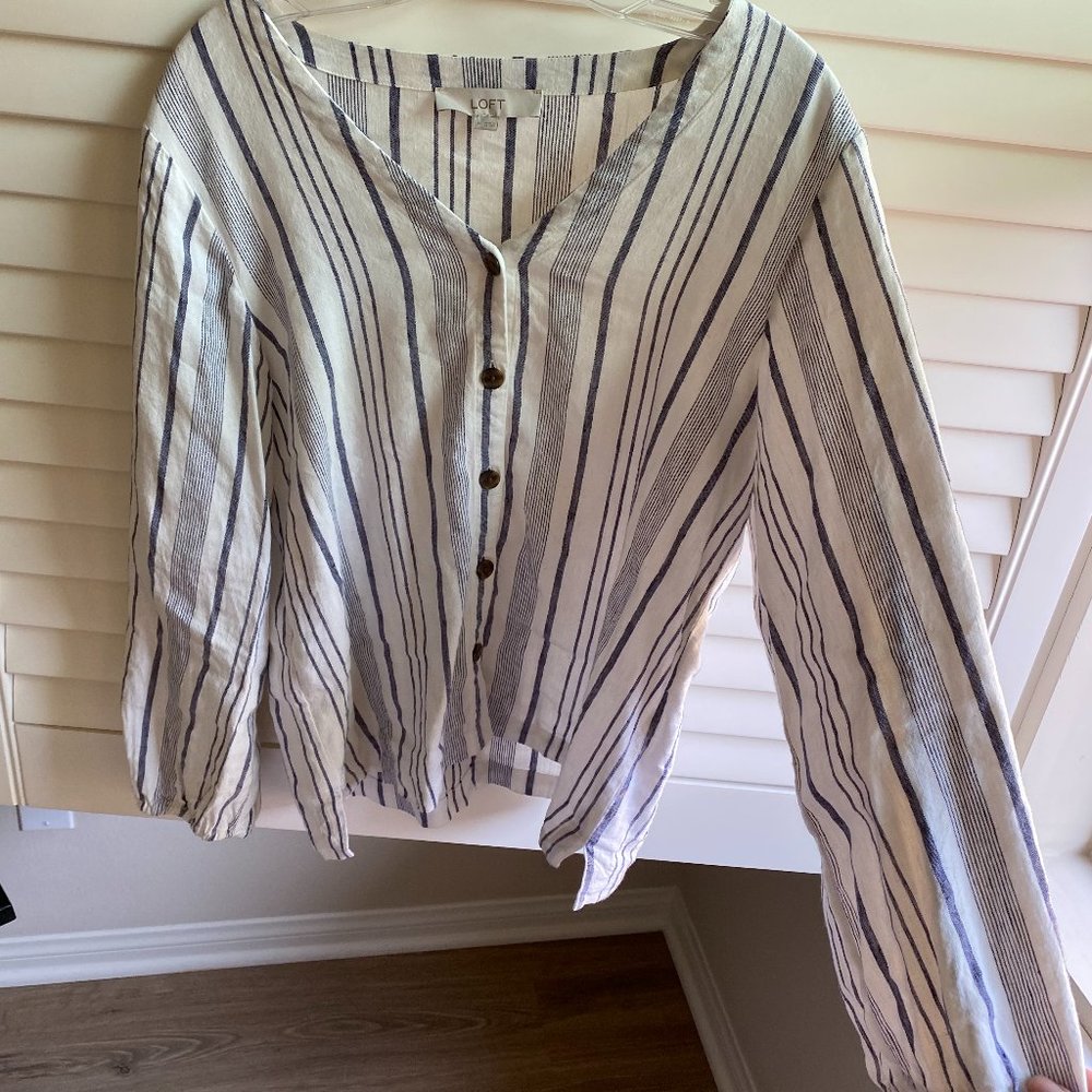 LOFT Blue and White Striped Linen Blend Blouse